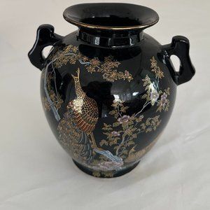 Decorative Vase with Golden Flowers and Peacocks